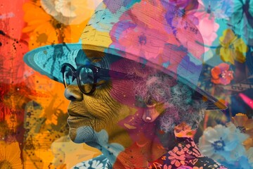 A woman with a vibrant hat and glasses stands out in a crowd, A colorful collage of retired individuals pursuing their passions