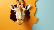 generated  illustration of cute giraffe peeking out of a hole in yellow and blue cracked wall.