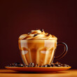 Whipped coffee in a glass cup with coffee beans on a dark background with copy space