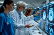 © Outsiderzone - Cutting-edge Brain Tumor Treatment Discussion at High-Tech Medical Research Center: Diverse Team Analyzing MRI Scans on Interactive Table