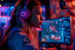 Intense Gameplay: Young Woman Dominates Online Video Game in Neon-Lit Gaming Setup