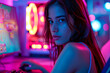 Neon-Infused Gaming: Intense Gameplay with a Professional Female Gamer in a High-Tech Setup