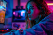 Neon-Lit Gaming Pro: Young Woman Showcasing Intense Gameplay on High-Tech Setup