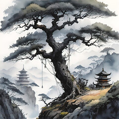 Wall Mural - Watercolor illustration, beautiful landscape with a branchy tree,