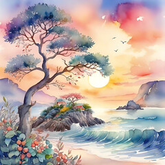 Wall Mural - Watercolor illustration, beautiful landscape with a branchy tree,