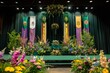 © Iftikhar alam - A stage decorated with vibrant flowers and colorful banners for a commencement ceremony, A commencement stage adorned with colorful flowers and banners