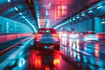 Wall Mural - A compact car maneuvers through a tunnel at night, surrounded by neon lights, A compact car weaving through traffic in a neon-lit urban tunnel
