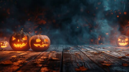 Wall Mural - a wooden table with four pumpkins on it, two of which are lit up. the scene is set in a dark, eerie 
