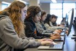 © Iftikhar alam - A group of individuals sitting at a table, focused on typing on their laptops, A computer lab with students typing away on laptops, immersed in their work
