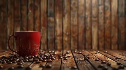 A red coffee mug sits on a wooden table with a pile of coffee beans around it. Concept of warmth and comfort, as the mug and coffee beans are often associated with relaxation and enjoyment