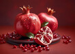 Whole and cut pomegranates with seeds on a plate against a red background