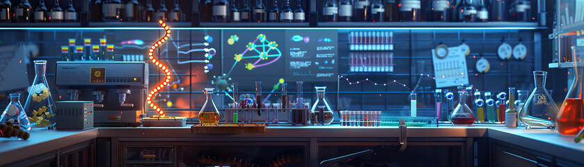 Wall Mural - Molecular Biologist's Lab Wall: Featuring DNA structure models, cell culture plates, and a board with molecular biology research plans