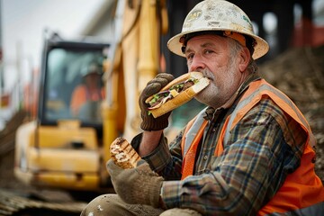 A man in construction gear sits on a site, eating a sandwich during a break, A construction worker taking a break to refuel with a sandwich