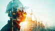 © Ibad - Future building construction engineering project devotion with double exposure graphic design. Building engineer, architect people or construction worker working with modern civil equipment technology