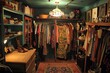 A closet crammed with a diverse array of clothing items, including vintage pieces and thrift store finds, A corner dedicated to vintage clothing and thrifty finds