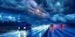 Two vans cruising along a bustling highway beneath an overcast sky. Concept Travel, Transportation, Roads, Sky, Urban Landscape