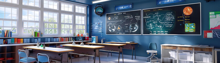 science educator's classroom wall: adorned with science posters, educational diagrams, and a board w