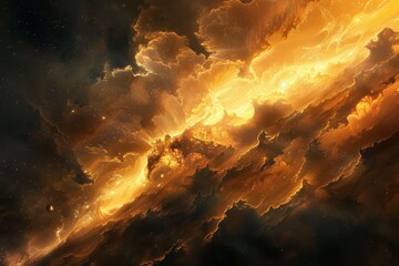 Wall Mural - a dark sky illuminated by distant stars and glowing yellow clouds, a cosmic dust cloud illuminated b