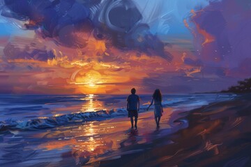 Wall Mural - A couple leisurely walking along the beach at sunset, A couple taking a leisurely evening walk along the beach