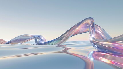 Wall Mural - 3d render abstract background in nature landscape. Transparent glossy glass ribbon on water. Holographic curved wave in motion. Iridescent design element for banner background, wallpaper