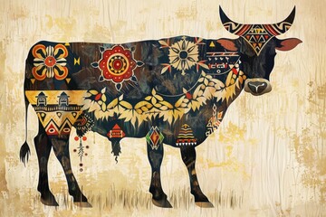 Wall Mural - a painting of a cow with intricate patterns inspired by traditional art, a cow with patterns and tex