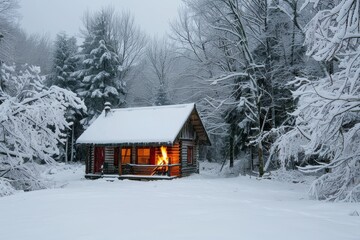 Canvas Print - A small cabin surrounded by snow in the middle of a forest, smoke rising from its chimney, A cozy cabin covered in snow with a warm fire burning inside