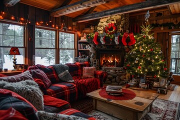 Poster - A cozy living room filled with furniture and a beautifully decorated Christmas tree, A cozy cabin in the mountains decorated for Christmas