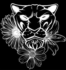 Sticker - white silhouette of lion head with floral wreaths. vector illustration on black background