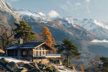 Canvas Print - A house sits atop a snow-covered hillside in the mountains, A cozy cabin nestled in the mountains with a panoramic view