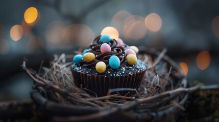 Sticker -  chocolate frosting smeared generously, candies scattered on top, atop a twiggy nest