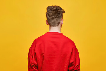 Wall Mural - Young man in red sweatshirt on yellow background, back view