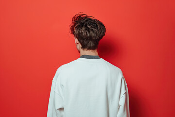 Wall Mural - Young man in white sweatshirt on red background, back view