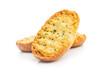 Garlic crisp bread Slices Topped With Herbs isolated on white background.