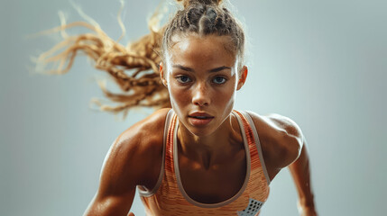 A woman with long hair is running. Concept of determination and hard work, as the woman pushes herself to complete her run despite the physical exertion