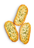 Fototapeta Lawenda - Garlic crisp bread Slices Topped With Herbs isolated on white background.