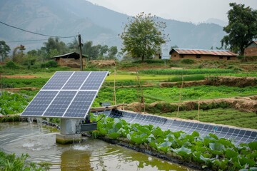 A small pond with a solar panel on top, providing power for pumps, A creative portrayal of solar-powered pumps supporting a smart irrigation system in a rural area