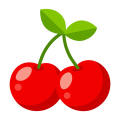 Vibrant Red Cherries Vector Illustration - two red cherries connected by green stem with leaves