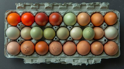 Sticker -   A dozen eggs in a carton with a tomato at the center on a table