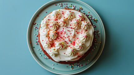 Wall Mural -   A blue table hosts a cake adorned with white frosting and colorful sprinkles atop a coordinating blue plate