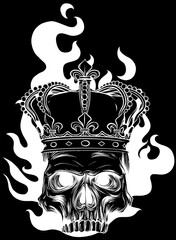 Poster - white silhouette of king skull with flames vector illustration design on black background. digital hand draw