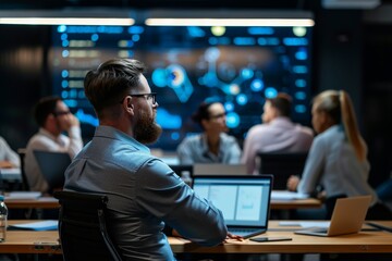 Wall Mural - A man sitting at a table, working on a laptop, A cybersecurity consultant advising a company on best practices