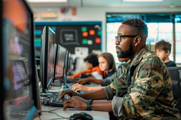 Canvas Print - A man sitting in front of a computer monitor explaining cybersecurity concepts to students, A cybersecurity educator teaching students about online safety