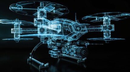 X-ray like visualization of a drone showcasing internal design and structure on a dark backdrop