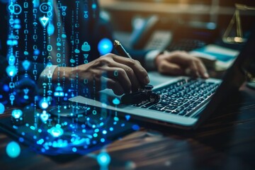 Poster - A person is typing on a laptop while surrounded by blue lights, A cyber security lawyer advising clients on legal ramifications of data breaches