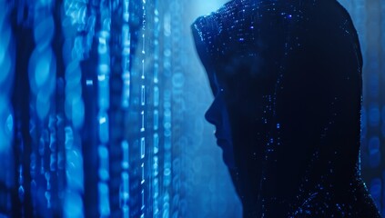 Silhouette of hacker in hood against binary code background, dark blue color, background for web design or computer banner with copy space Generative AI