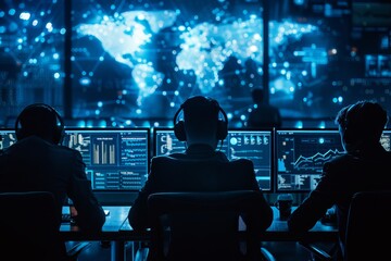 Wall Mural - A group of people analyzing data on computer monitors, working together to respond to a cybersecurity incident, A cybersecurity team responding to a cyber incident in real time