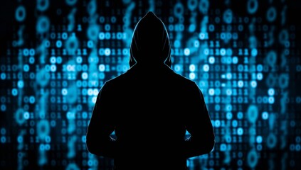 Silhouette of hacker in hood against binary code background silhouette of shadowy figure wearing hoodie standing on digital blue glowing backdrop with binary number and abstract patterns Generative AI