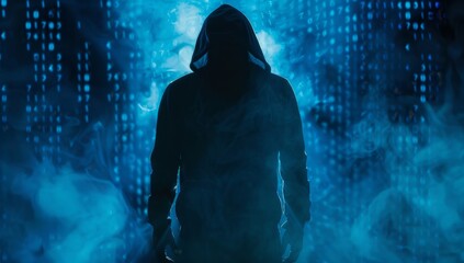 Wall Mural - Silhouette of hacker in hood against binary code background, cyber attack concept  Silhouetted figure with dark blue light and mist Generative AI
