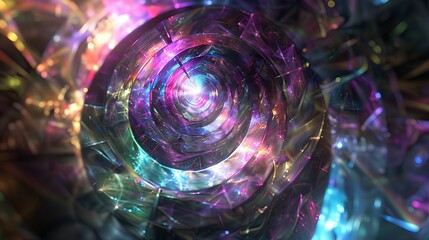 Wall Mural - An ethereal abstract design showcasing iridescent colors refracting through a 3D glass texture against a dark background, creating a mesmerizing effect.