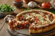 A deep dish pizza covered in melted cheese placed on a wooden table, A deep-dish pizza overflowing with melted cheese and savory toppings